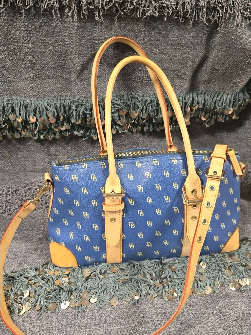 Dooney & Bourke Blue Satchel with Tan Trim